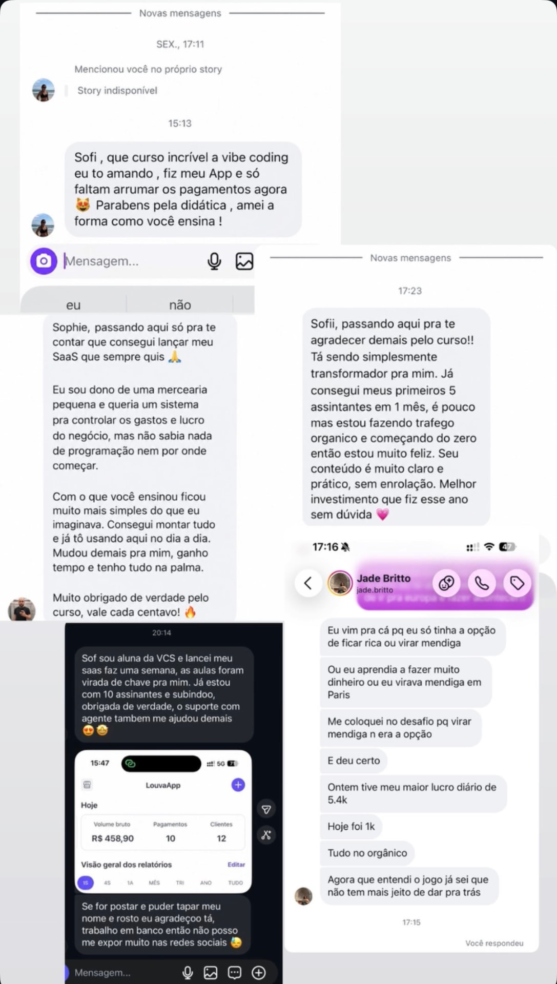 Colagem de directs do Instagram com alunos agradecendo o curso e contando que lançaram seus SaaS.