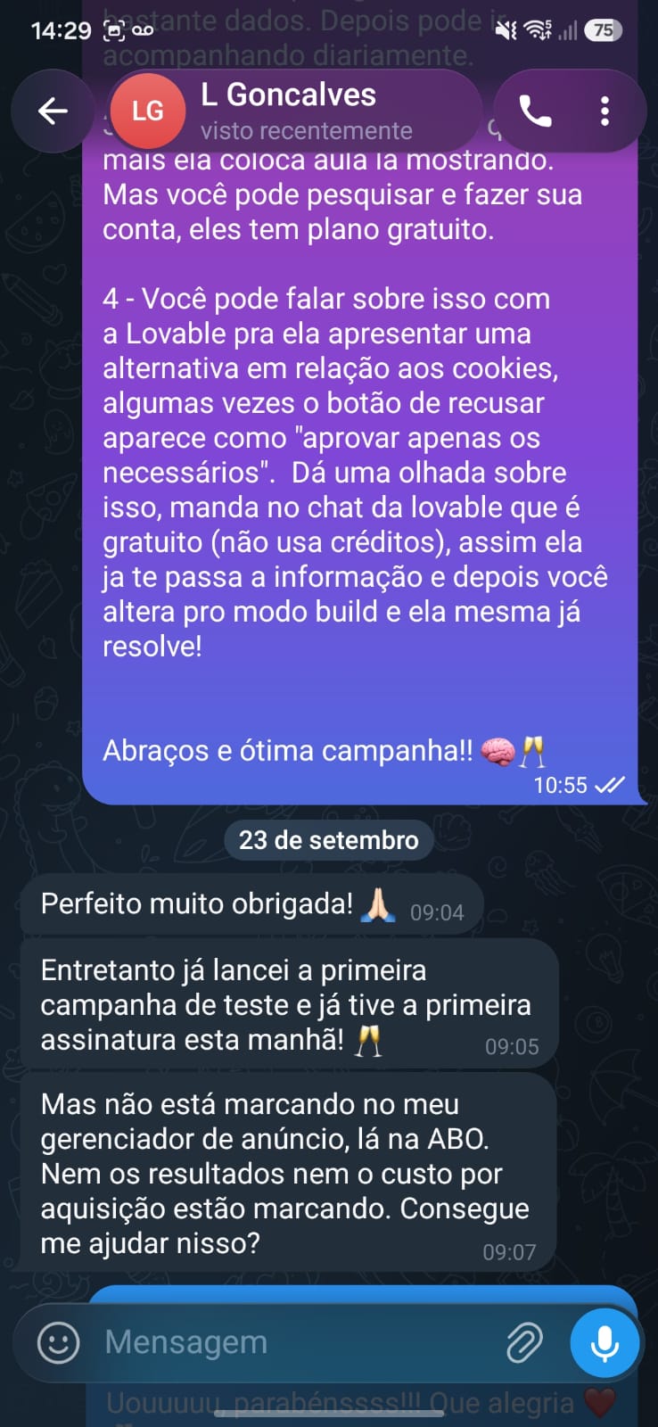 Conversa no WhatsApp em que L. Gonçalves conta que lançou a primeira campanha de teste e teve a primeira assinatura na manhã seguinte.