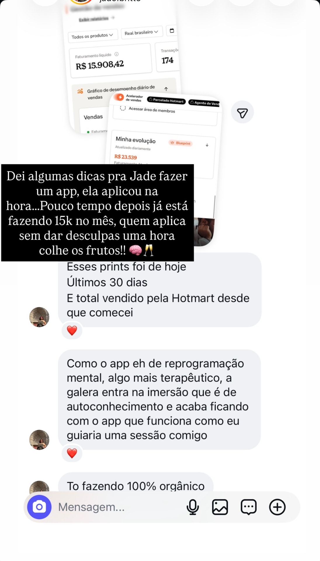 Direct do Instagram em que Jade mostra os prints de faturamento e diz que está fazendo R$ 15 mil no mês com 100% de tráfego orgânico.